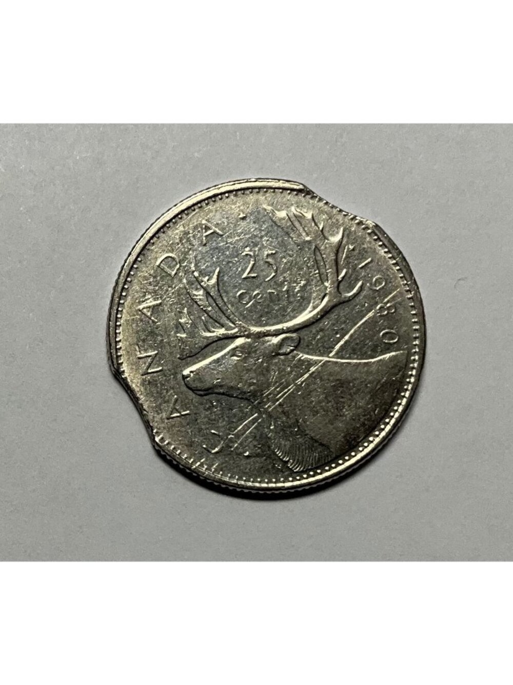 Canada Error Double Clipped Planchet 1980 25 Cents Quarter